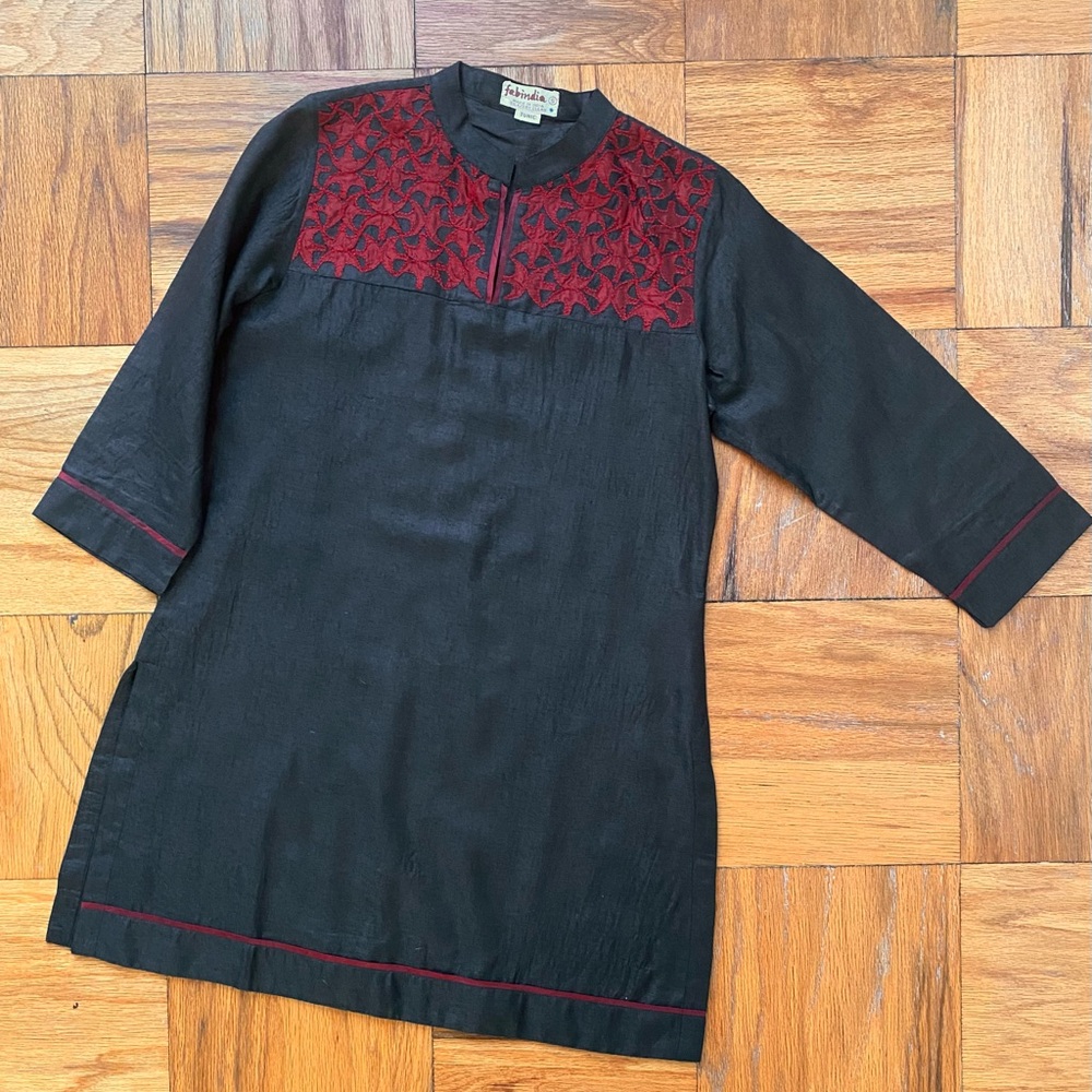 Fabindia Black Silk Tunic with Red Embroidery